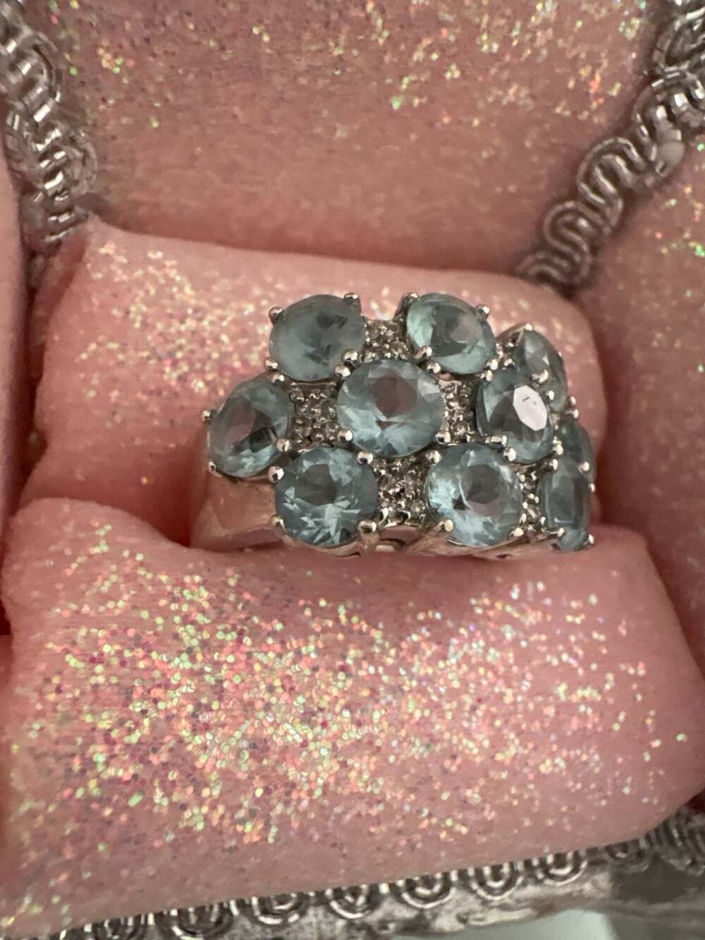 Sonia B. 14K White Gold Aquamarine and Diamond Cluster Ring SZ 7